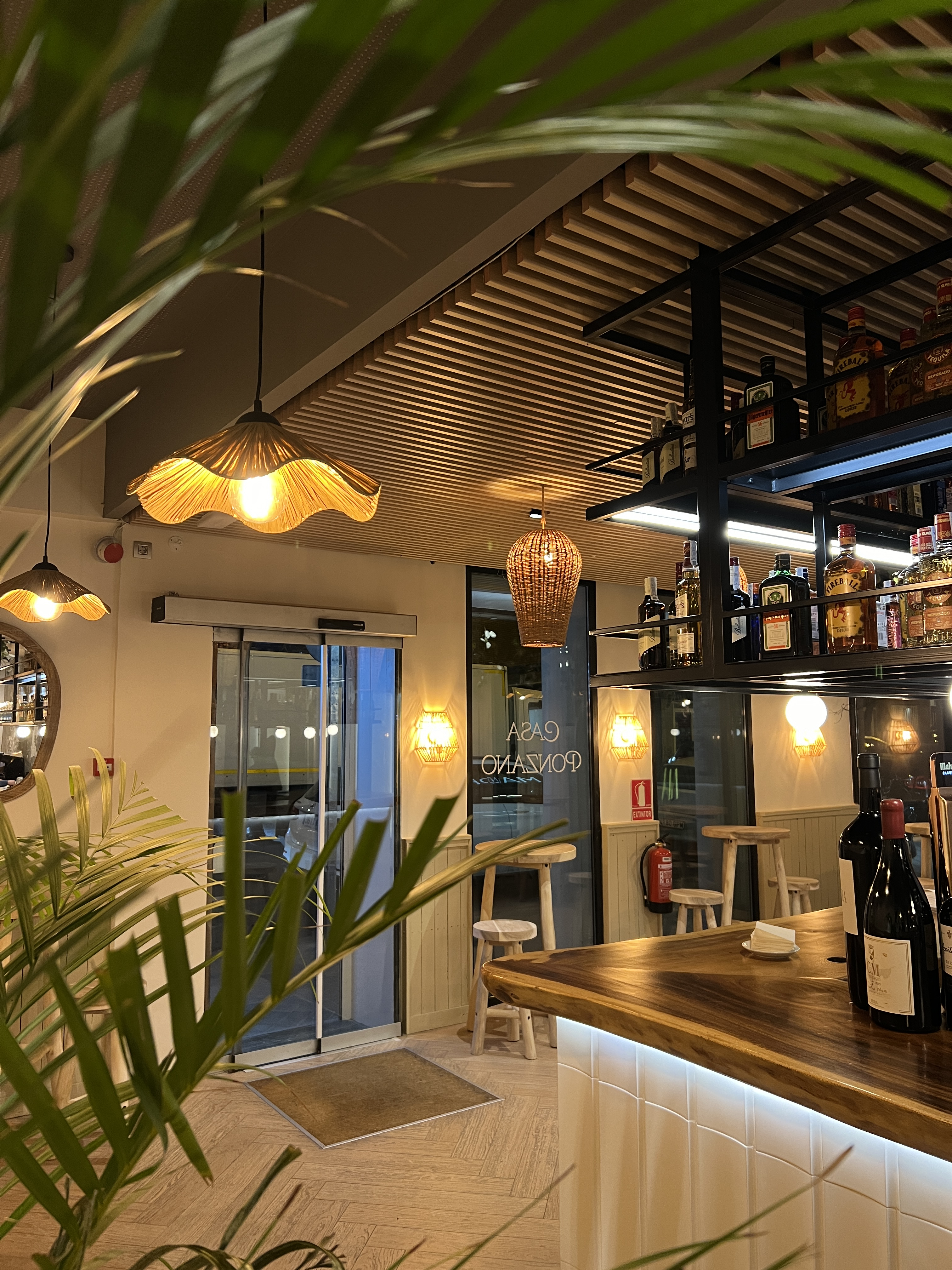 Interior de Casa Ponzano: barra, lámparas de mimbre, plantas y entrada