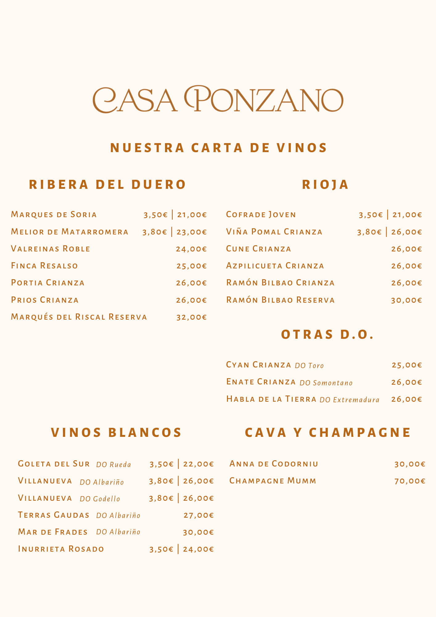 Carta de Vinos Ponzano